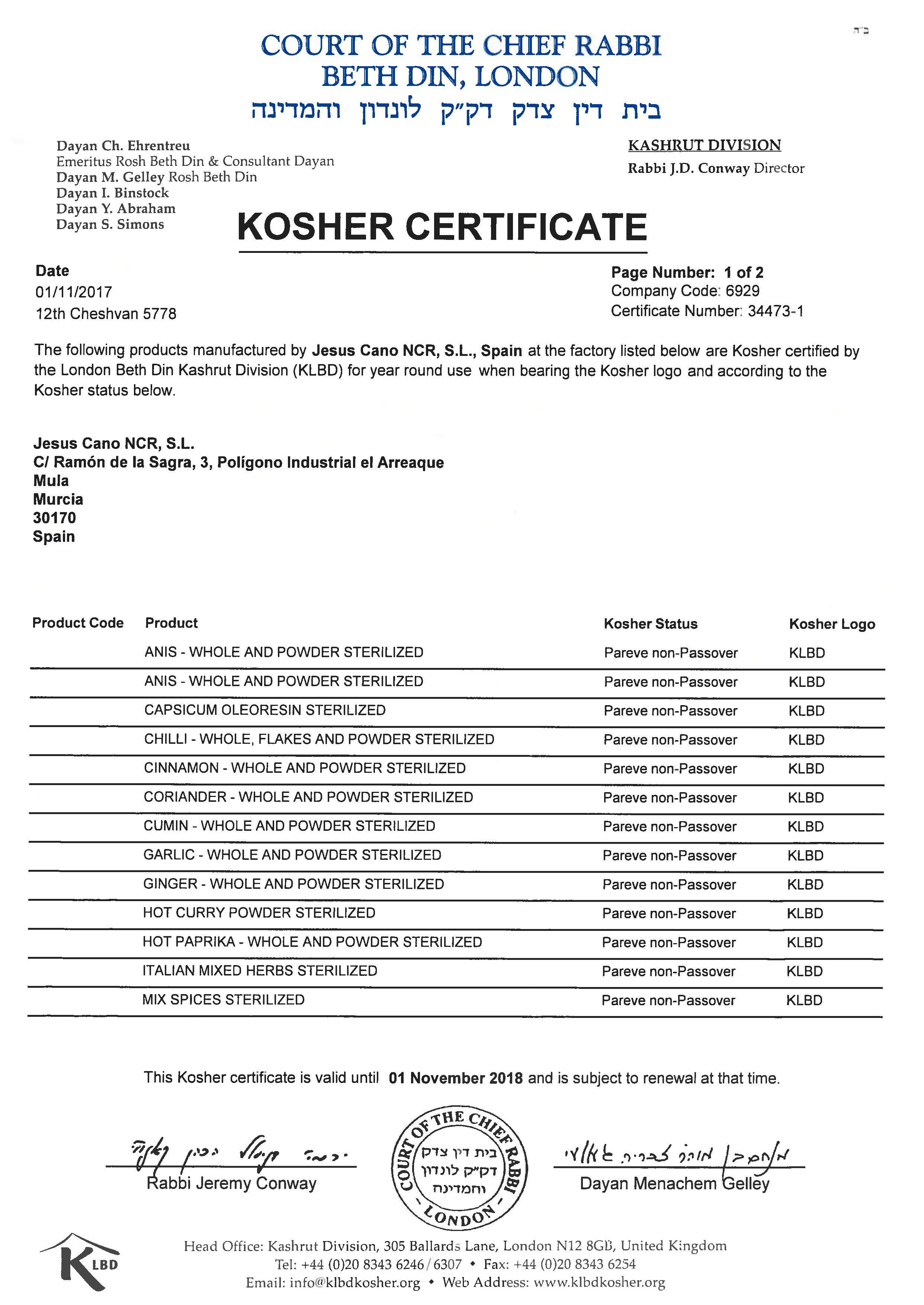 Jesus Cano. Certificado Kosher 34473