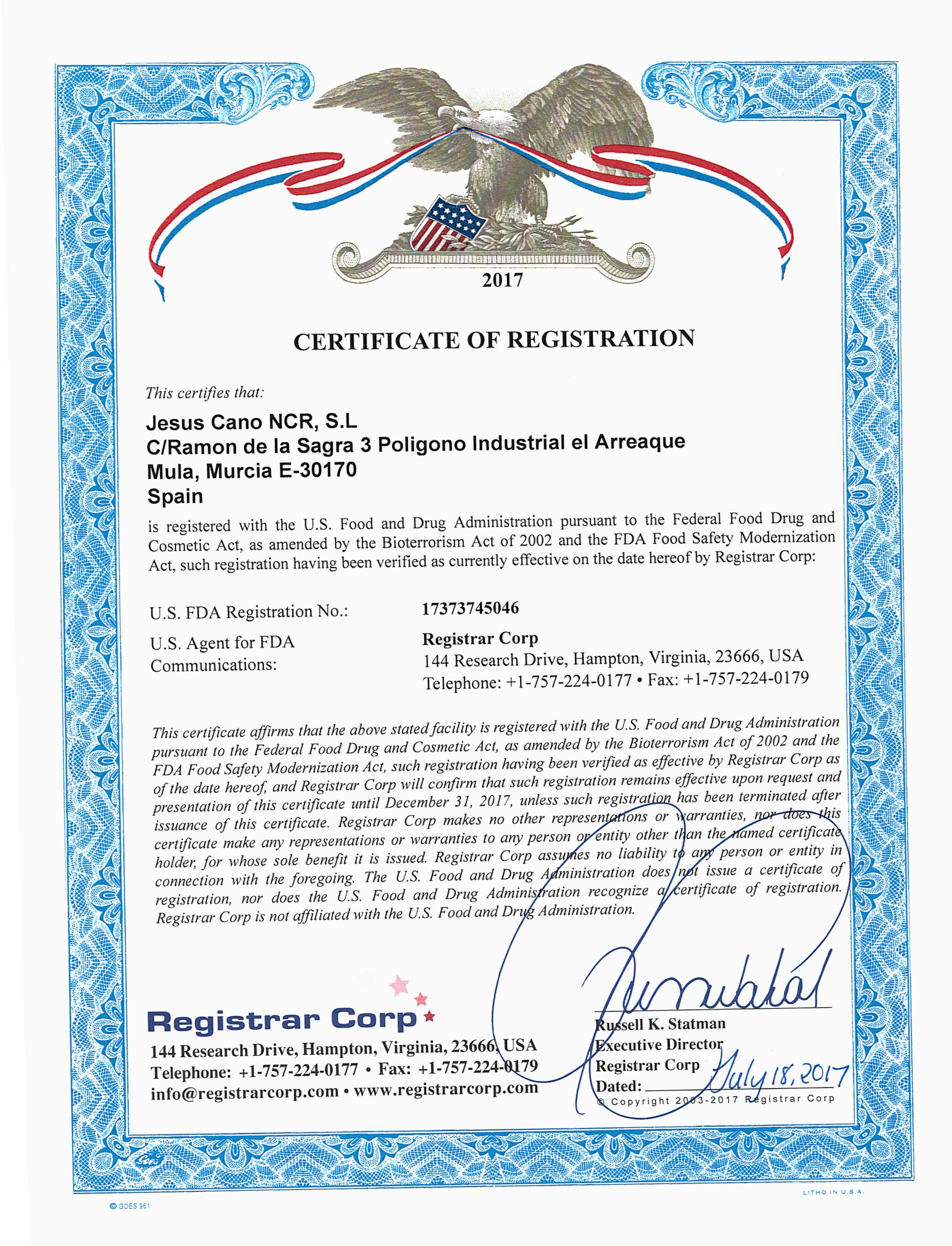 certificado FDA